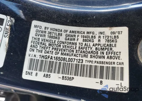 2008 Honda Civic Lx из США, поврежденный, VIN 1HGFA16508L007123